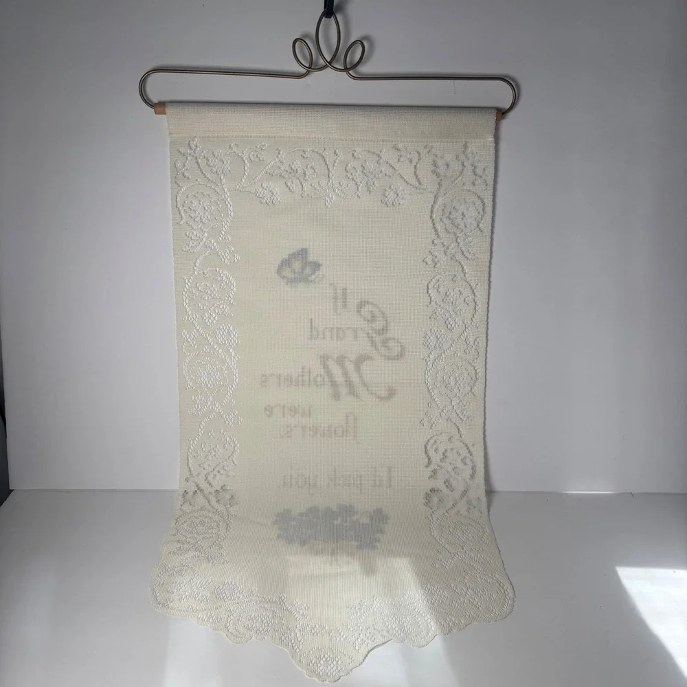 Vintage Cross Stitch Style Wall Hanging OS Cream Grandmother Flower Lace Banner